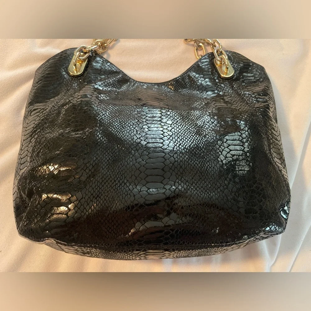 MICHAEL Michael Kors Black Snake-Embossed Leather Hobo with Gold Hardware